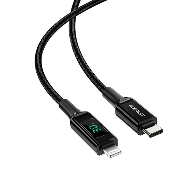 Punottu kaapeli LED-näytöllä iPhone MFI USB-C:lle - Lightning 1,2m 30W 3A musta