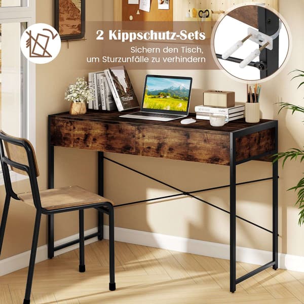 Kompakt computerbord med 2 skuffer, rustik brun