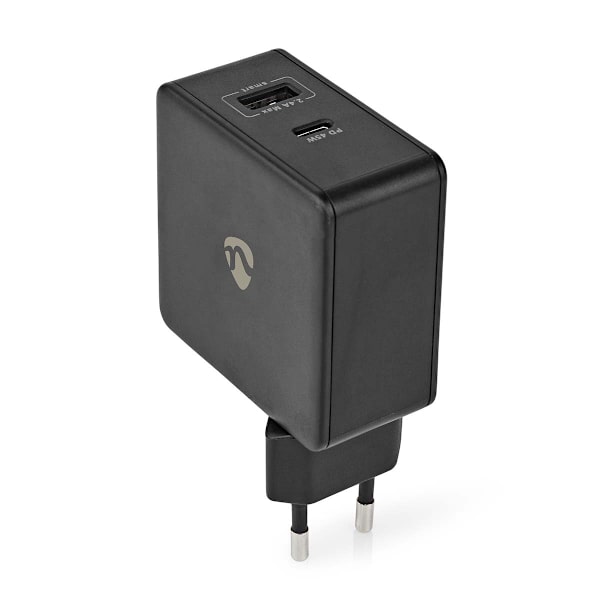 Väggladdare | 57 W | Snabbladdnings funktion | 2.25 A / 2.4 / 3.0 A | Antal utgångar: 2 | USB-A / USB-C™ | Utan kabel | Automatiskt val av Spänning Svart