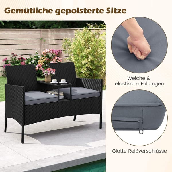 2-sits polyrattan trädgårdsbänk med bord, grå