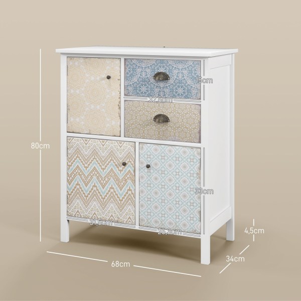 Kommode Opbevaringsskab 2 Skuffer 3 Rum Vippebeskyttelse Stue Soveværelse Hvid 68X34X80Cm