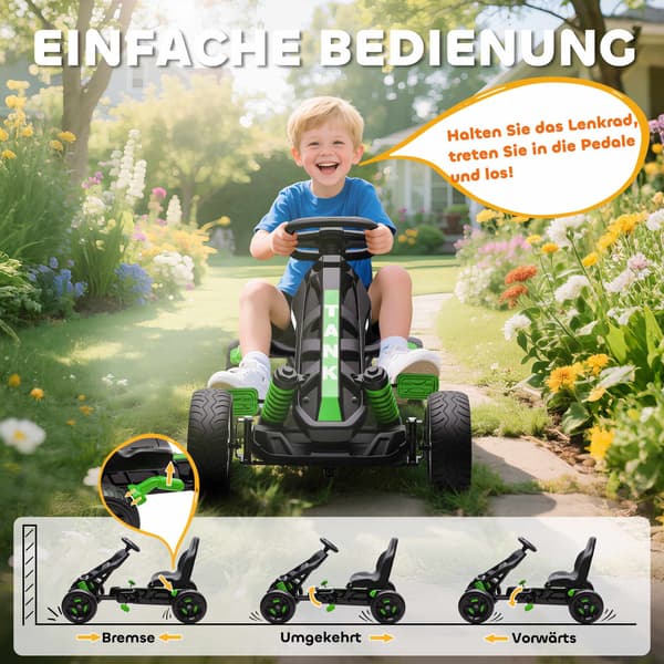 Børne-gokart med bremse, grøn, 3-6 år