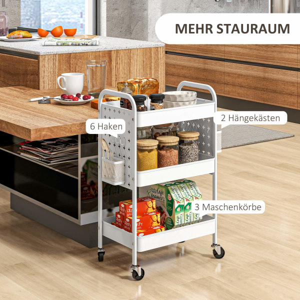 Rolling Trolley Tarjoiluvaunu, Jossa 3 Kerrosta Ja 2 Ripustettavaa Koria Säilytyskärry Keittiöön Olohuoneeseen Teräs Valkoinen
