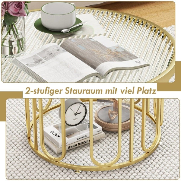 Sofabord rundt stuebord med 2 glasplader og roterende metalramme transformerbar total belastningskapacitet på 30 kg