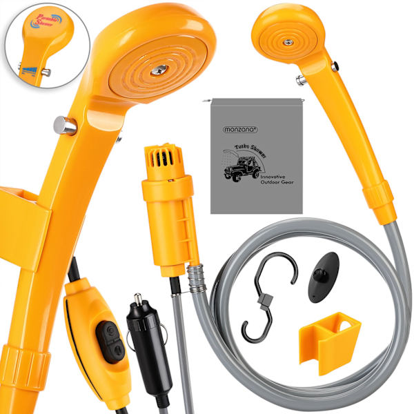 Bärbar 12V campingdusch, 5m kabel, justerbart tryck
