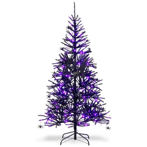 Svart Halloweengran med lila LED-lampor, 183 cm