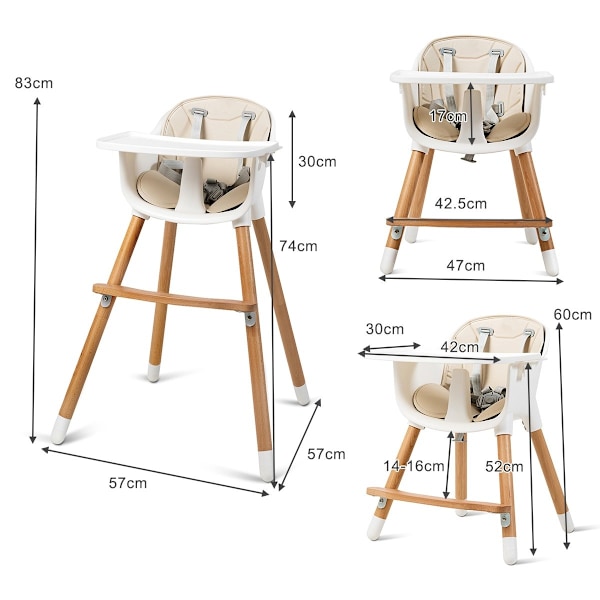 2-i-1 baby højstol lavet af træ, justerbar 57 x 57 x 83 cm cremehvid + natur