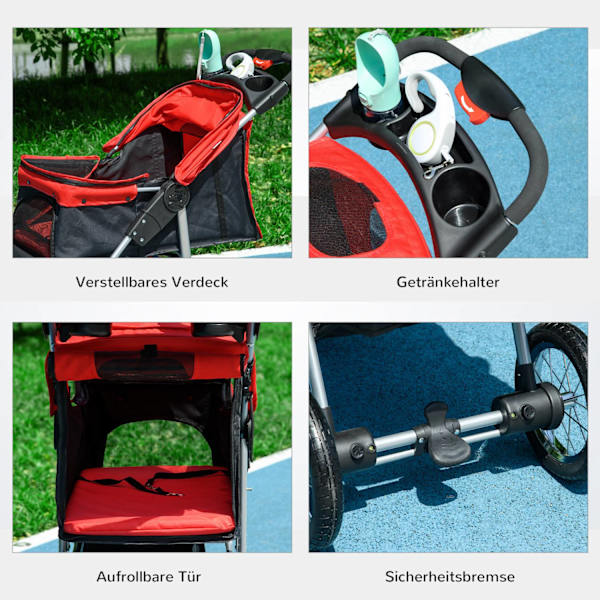Dog Cart Dog Buggy Cat Buggy Lemmikkirattaat 3 Pyörällä Taitettava Koirankissa Oxford Red + Black 109,5 X 54,5 X 106,5 Cm