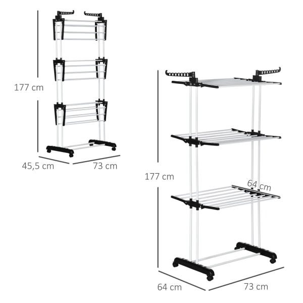 Vaatteiden Tuuletin Torni Vaatetuuletin Pyörillä 4 Tasoinen Kuivausrumpu Jatkettava Pyykkitorni Musta 73 X 45,5 X 177Cm