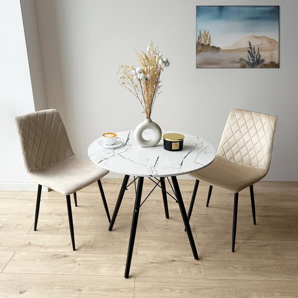 Rundt spisebord, 80 cm, hvid marmorplade, sorte ben
