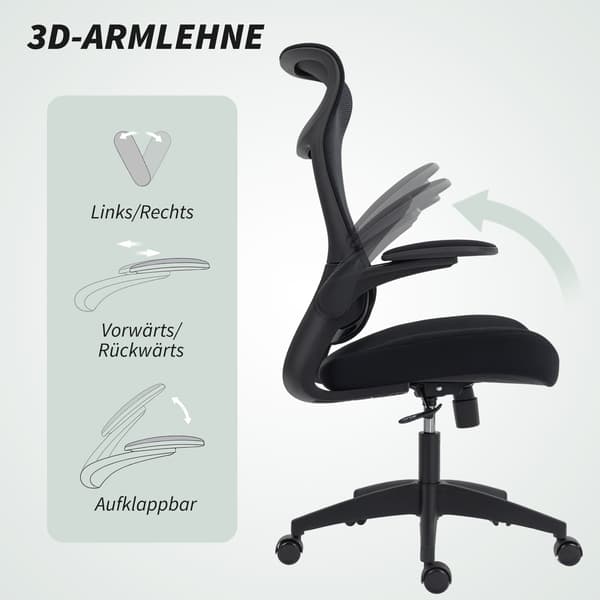 Ergonomisk kontorstol, 3D-armlæn, netryg, sort
