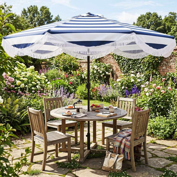 Vipbar strandparasol, 278 cm, Blå/Hvide striber