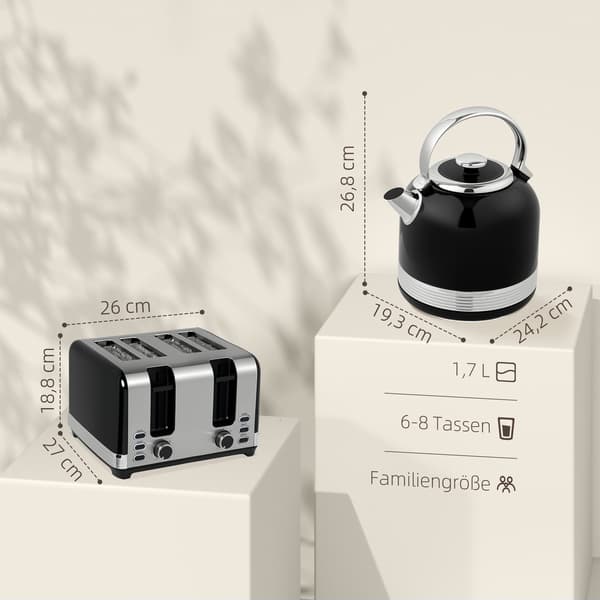 Elkedel- og brødristersæt, 7 bruningsniveauer, 1,7L, Sort