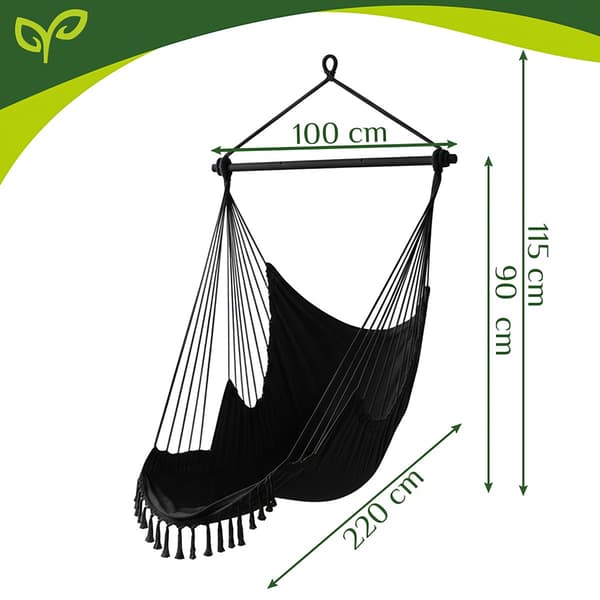 Hängande gunga, 210 cm svart, bomullstyg, 2 kuddar