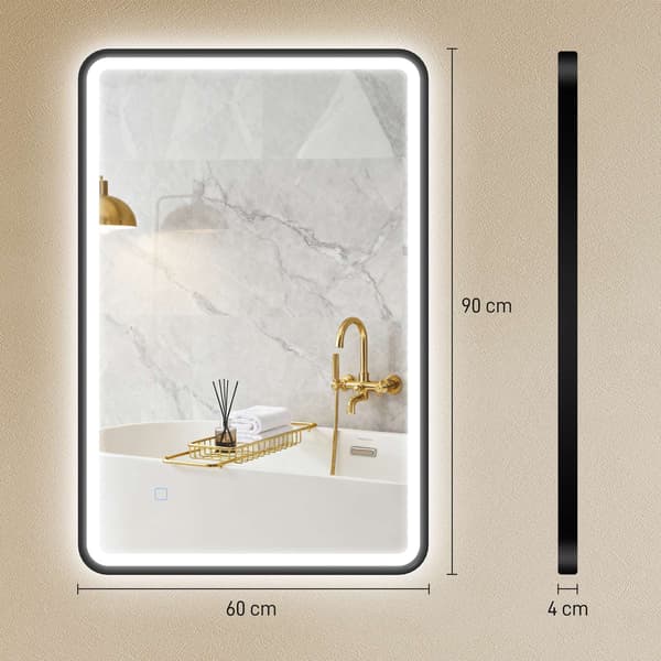 LED badeværelsesspejl, 90x60 cm, dæmpbar, 3 farver, sort