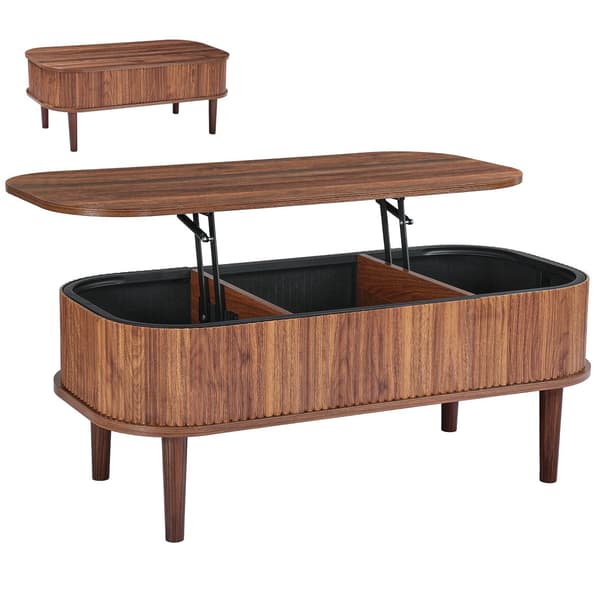 Lyftbar oval soffbord, räfflad valnöt, 3 förvaringsplatser