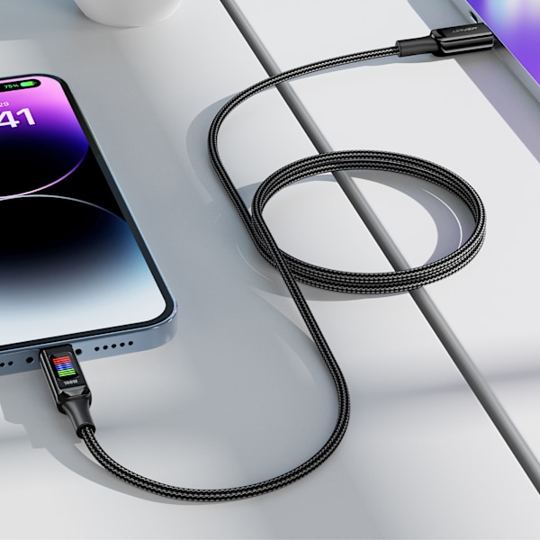 USB-C - USB-C kabel 100W med display 1,2m sort