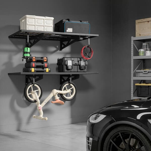 Väggmonterade garagehyllor, 2-våningar stål, 112 x 61 cm, krokar