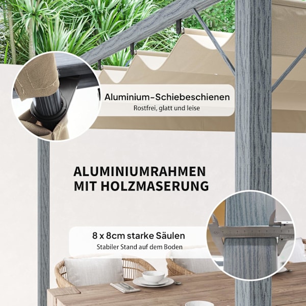 Pergola ca. 3x3m trädgårdspaviljong med magnetplatta, altantak av aluminium, trädgårdspaviljong med justerbart tak, fristående, UV-skydd 30+, för terr