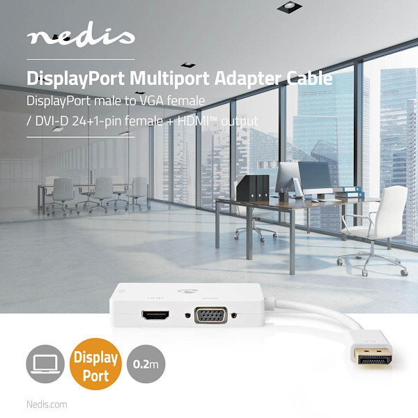 Displayport-adapter | DisplayPort Hane | DVI-D 24+1-Pin Hona / HDMI™ Hona / VGA hona 15p | 4K@60Hz | Guldplaterad | Omkopplingsbar | 0.20 m | Rund | A