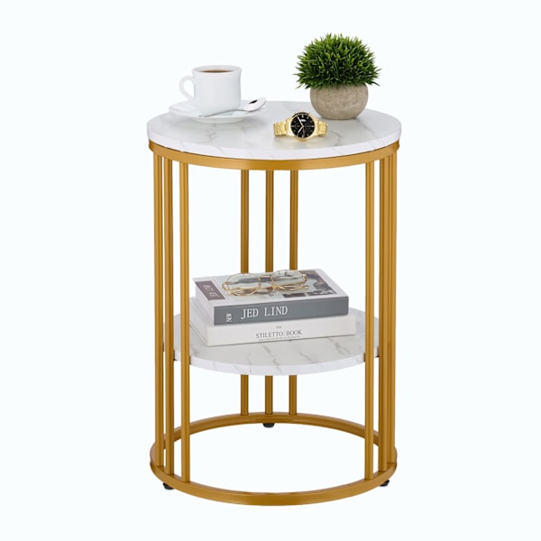 Rundt sidebord i marmorlook med 2 niveauer