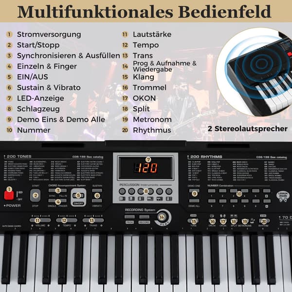 Bærbart keyboard med 61 tangenter og 200 rytmer og toner