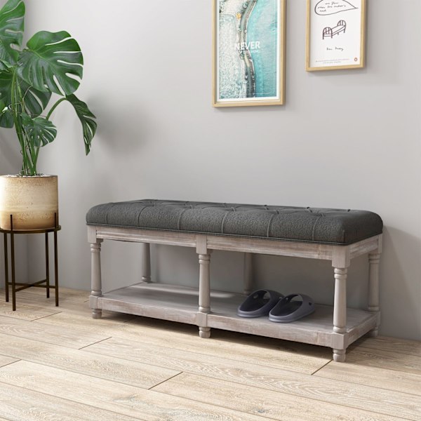 Skobänk med sits, skoställ med förvaringsutrymme, vadderad bänk med träben, linnelook, grå, 115 x 40 x 48 cm