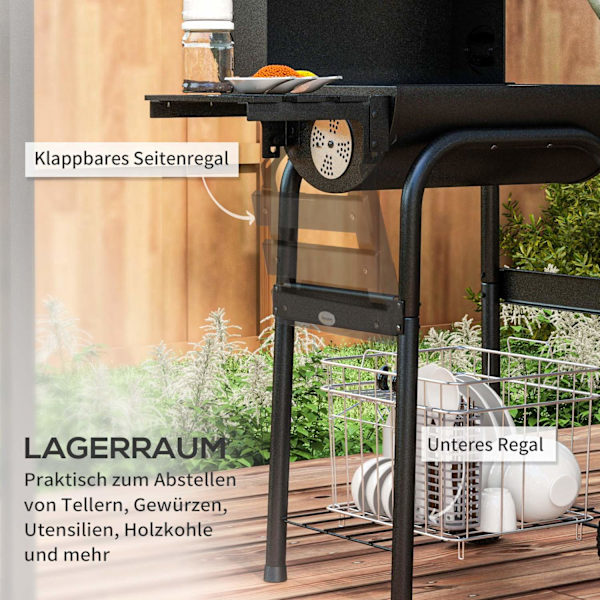 Hiiligrillivaunu Kannella, Hyllyt, Pyörät, Lämpömittari, Savupiippu, Ruostumaton Teräs, Musta