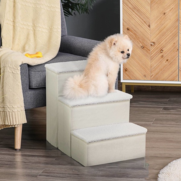 Pet Stairs Foldbar Kattetrappe/Hundetrappe Med 3 Trin Og Opbevaringsplads, Til Katte Og Hunde, Mdf, Hvid, 40X54X48Cm