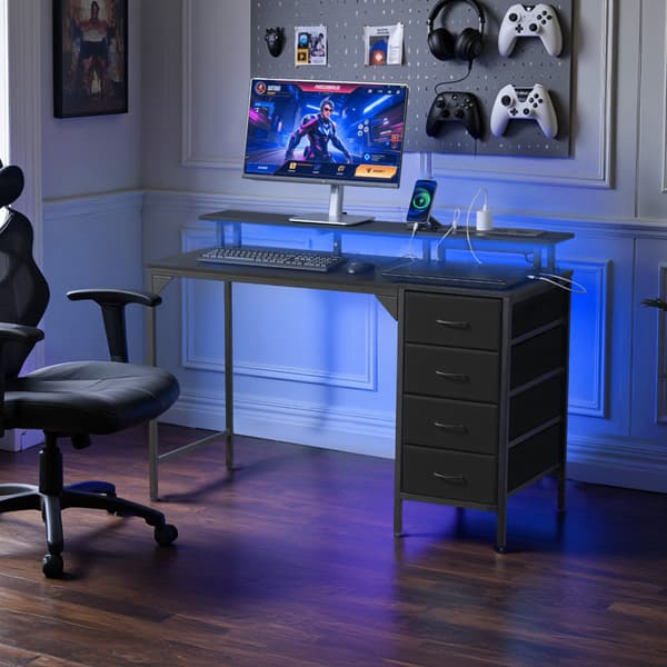 Computerbord 120 cm med LED-lys, strøm, 4 skuffer