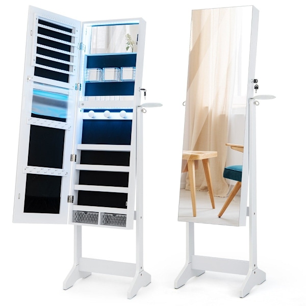 LED smyckesskåp med helfigursspegel och sminkspegel 41 x 37 x 156 cm vit