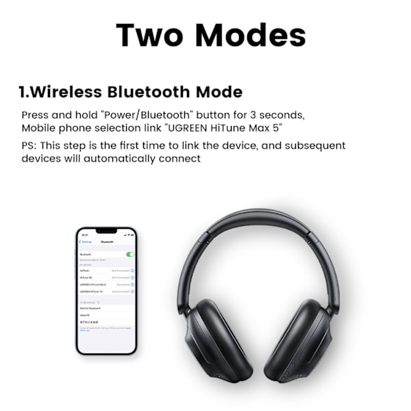 HiTune Max5 on-ear langattomat kuulokkeet hybridi-ANC-melunvaimennuksen kanssa, musta