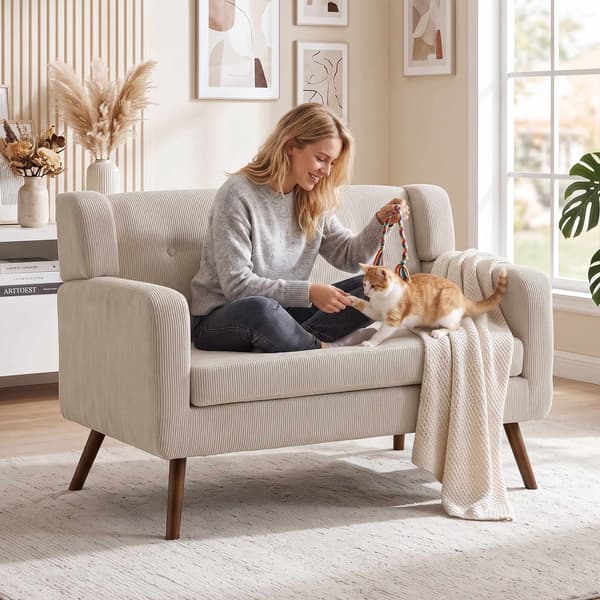 2-sits soffa i sladd, knappklädd, träben, beige