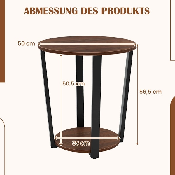Rundt sidebord med åben hylde &amp; Metalramme 2 Tier Accent Bord Sofa Bord Valnød