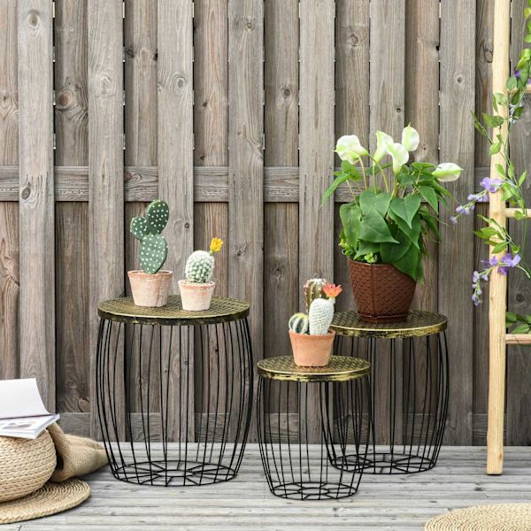 Sivupöydät Setti 3 Retro Style Metal Basket Natural + Musta 3 Kokoa