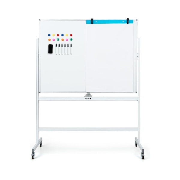 Dobbeltsidet mobil whiteboard med gittermønster & stativ & pennebakke 120x90cm hvid