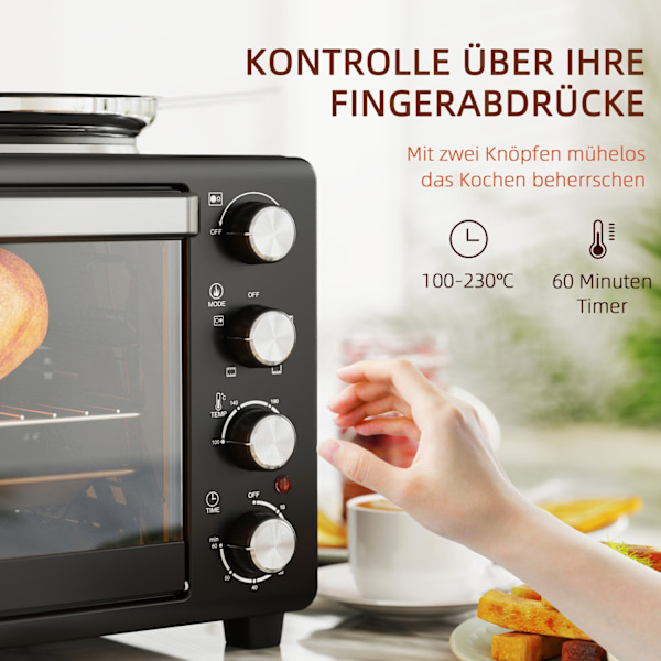 Miniugn 28 L 2600W Miniugn 100-230? 60 min. timer, med 2 värmeplåtar, bakplåt och grillgaller. Pizzaugn med smulbricka, plåthandtag svart Aosom
