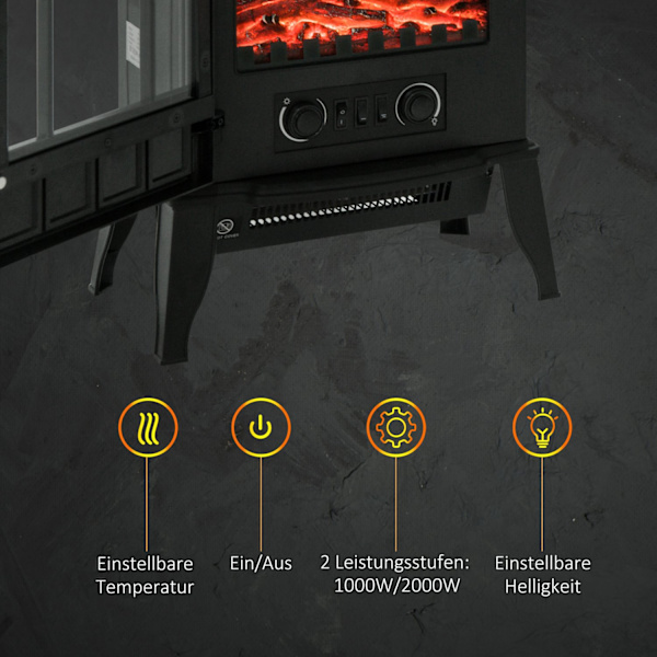 Elektrisk Pejs, Støjsvag Gulvstående Pejs Med Led-Flammeeffekt, 2000W Pejs, Elektrisk Pejs Med Metalvarmebeskyttelse