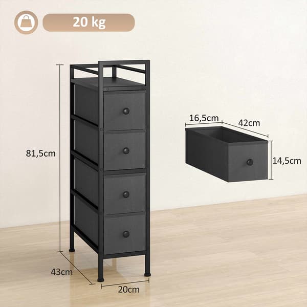 Smal stofkommode med 4 skuffer, sort, 20x43x81,5 cm
