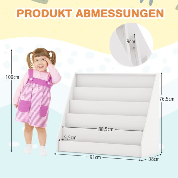 Barnbokhylla med 5 hyllor, vit, säker design