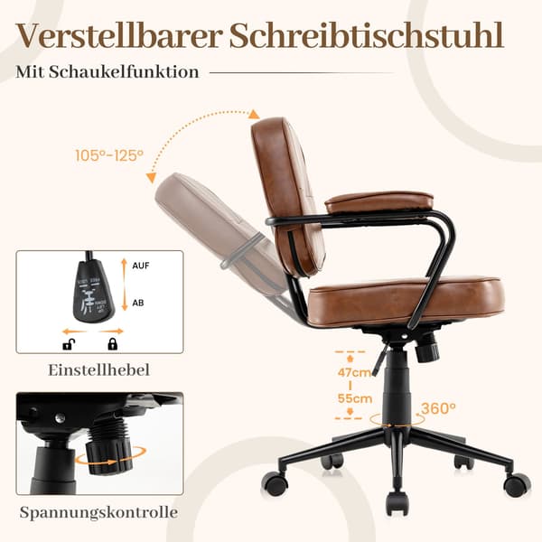 Ergonomisk kontorsstol, justerbar, brunt konstläder