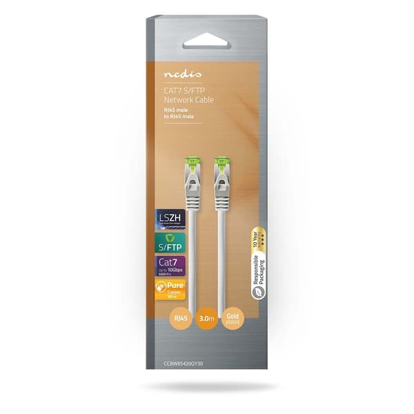 CAT7 netværkskabel | S/FTP | RJ45 Han | RJ45 Han | 3.00 m | Snagless | Runde | LSZH | Grå | Window Box