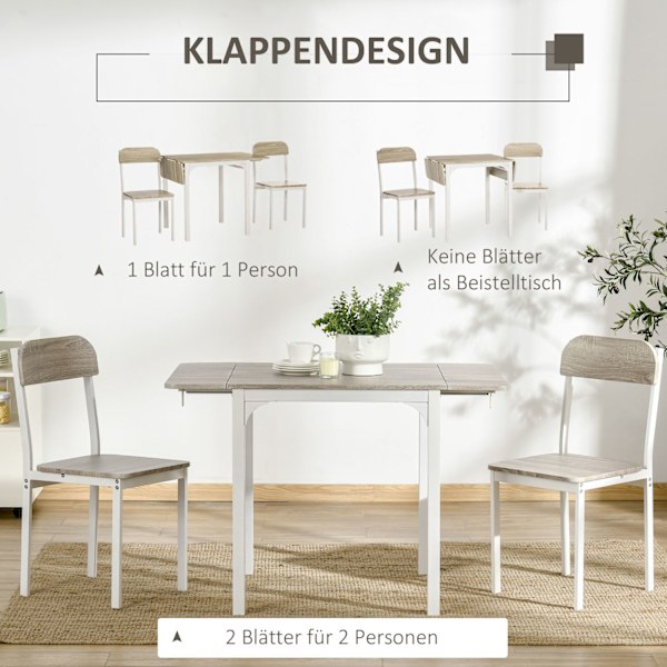 3-Osainen Istuinryhmä Ruokailuryhmä, Jossa 2 Tuolia Ja 1 Pöytä Ruokapöytäsetti Ja Taitettava Pöytälevy Teräs Mdf Luonnollinen + Valkoinen 120 X 60 X 7
