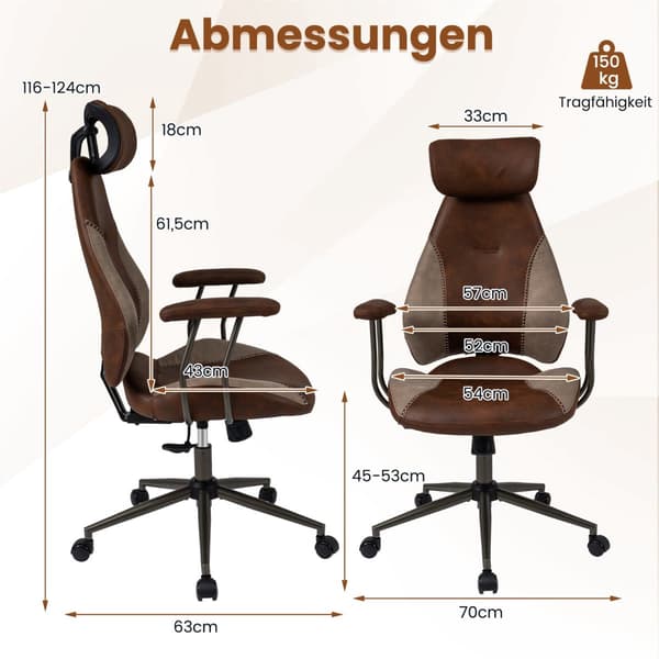 Ergonomisk kontorsstol med mockatyg, justerbart nackstöd