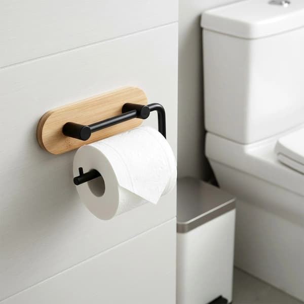 WC-paperiteline, musta metalli ja bambu, 17x3,5x10 cm