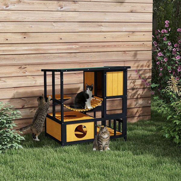 Cat House Träkatt Cave Cat Villa Utomhus Hängbro Balkong Plattform Vattentät För 1-2 Katter Upp Till 5 Kg Gul