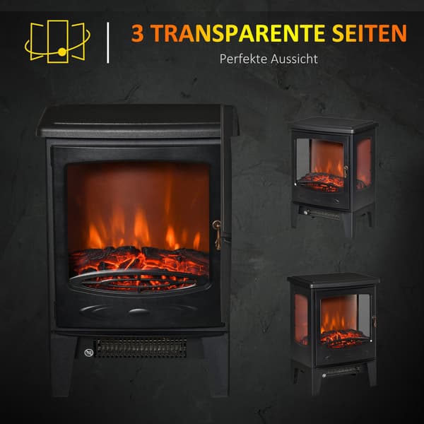 Elektrisk pejsevarmer, 900W/1800W, 3-sidet visning
