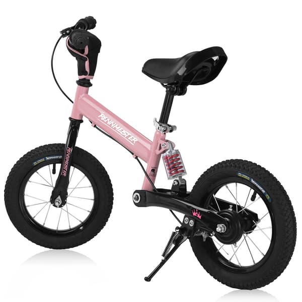 12" lyserød løbecykel med affjedring og stativ