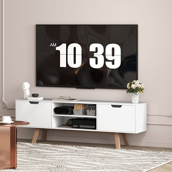 TV-kaappi, TV-taso televisioille 65 tuumaan asti, alhaalla 2 kaappia ja 2 hyllyä, TV-kaappi olohuoneeseen, 150 x 39 x 50 cm valkoinen