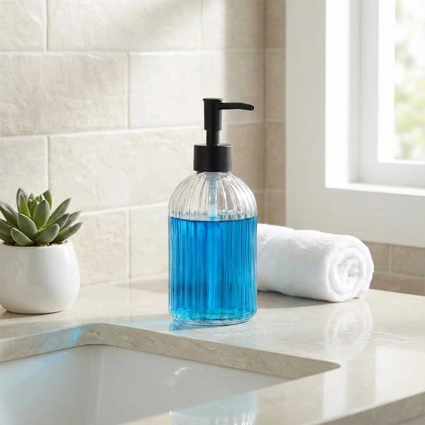 Sæbedispenser i glas, 400 ml – transparent, ribbet design